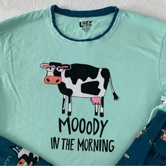 Women’s Small LAZY ONE Moody In The Morning Cow 100% Cotton Pajama Lounge Set - Picture 2 of 10